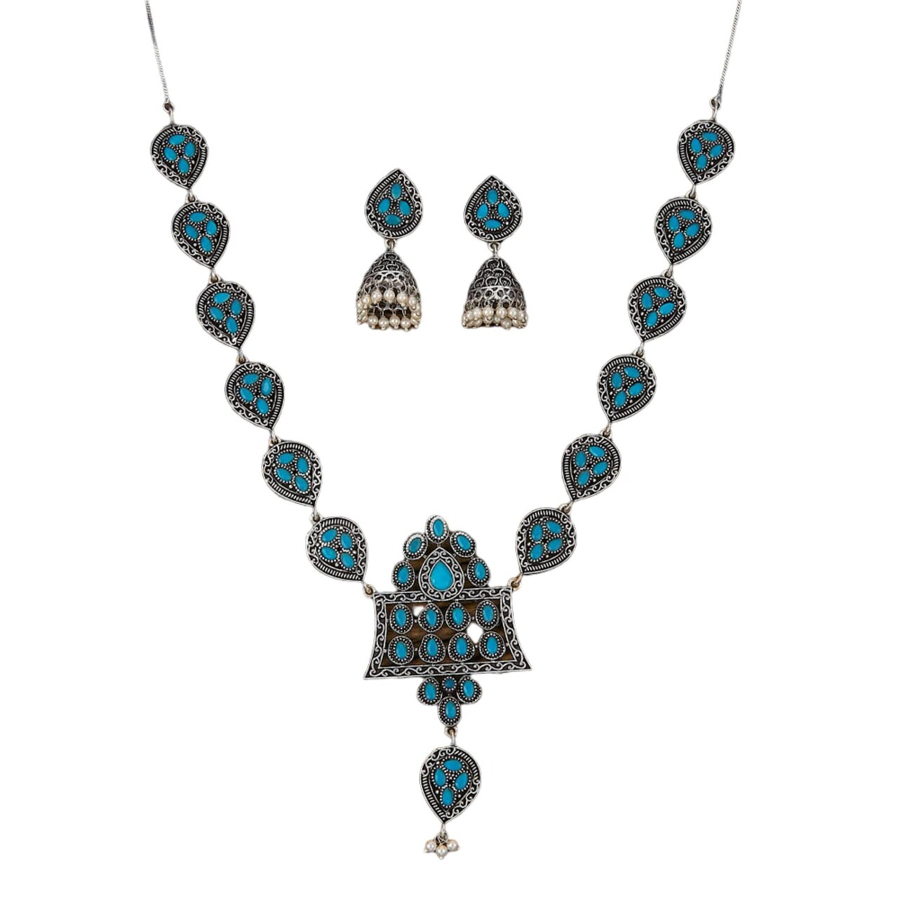 Indian Oxidized Jewelry Boho Tribal Jewelry Indian Long Necklace Bohemian Jewelry Afghani Tribal Tassel Long Ghungroo Necklace Earrings Set Choker Necklace Fashion Jewelry